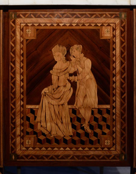 Giuseppe MAGGIOLINI (1738 – 1814)(circle of), Remarkable pair of Neoclassical commodes with marquetry decoration depicting a “Departure for the hunt” and a “ Return from the hunt” beginning of the 19th century-12