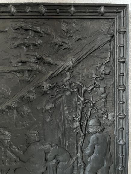 Cast iron fireback with village life scene-3