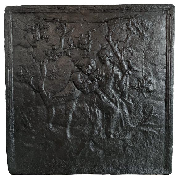 Cast iron fireback with gallant scene-0