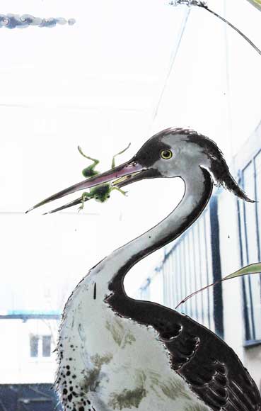 Stained glass window with grey heron-6