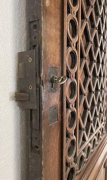 Oak entrance door with open decoration and curved top-5