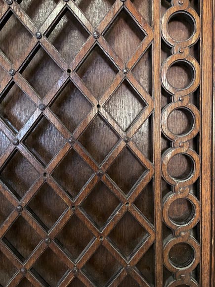 Oak entrance door with open decoration and curved top-6