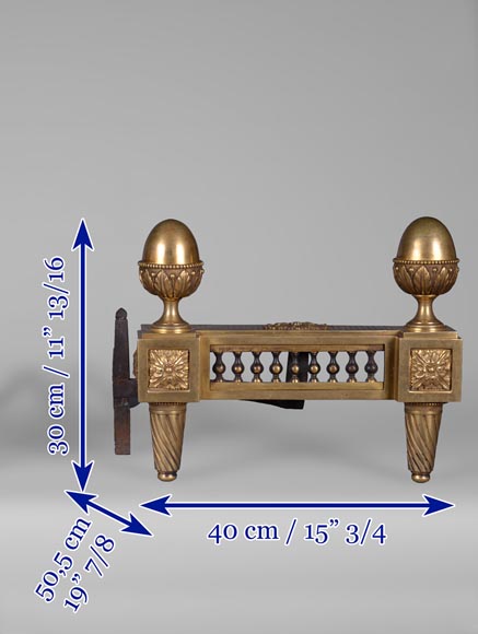 Bouhon: Pair of Louis XVI style firedogs in gilt bronze with stylized pine cones-8