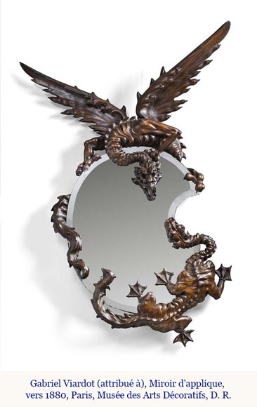 Gabriel VIARDOT (attributed to), Large Japonesque Mirror in the shape of a moon crescent with a dragon, second half of the 19th century-11