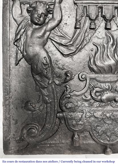 18th-century fireplace plaque with a salamander and two atlantes supporting an entablature with fire vases-3