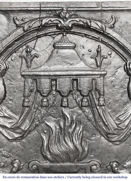 18th-century fireplace plaque with a salamander and two atlantes supporting an entablature with fire vases-4