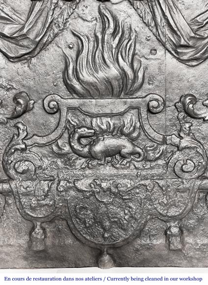 18th-century fireplace plaque with a salamander and two atlantes supporting an entablature with fire vases-6