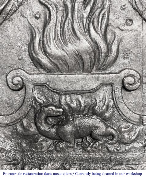 18th-century fireplace plaque with a salamander and two atlantes supporting an entablature with fire vases-7