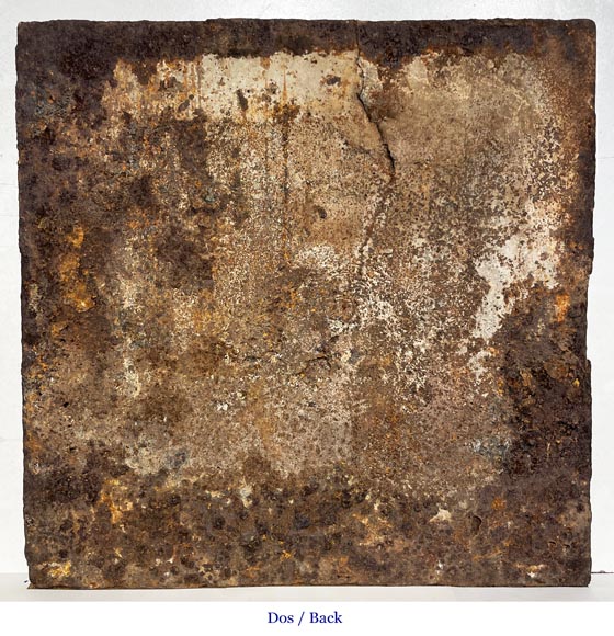 18th-century fireplace plaque with a salamander and two atlantes supporting an entablature with fire vases-11