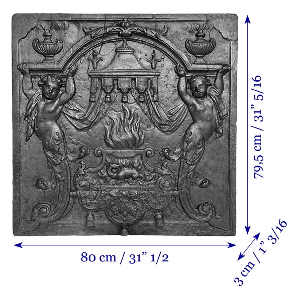 18th-century fireplace plaque with a salamander and two atlantes supporting an entablature with fire vases-13