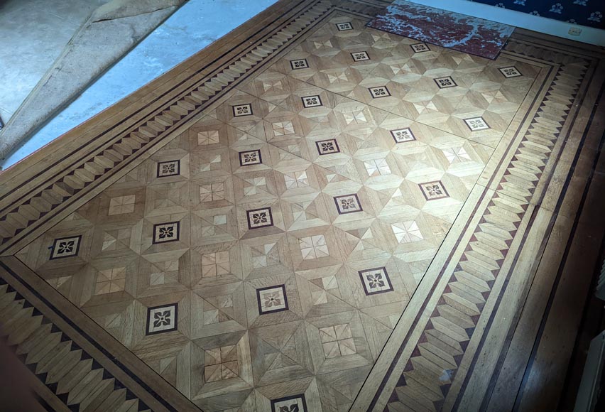 Parquet flooring with wood marquetery depicting diamond shapes and stylized flowers, late 19th century-0