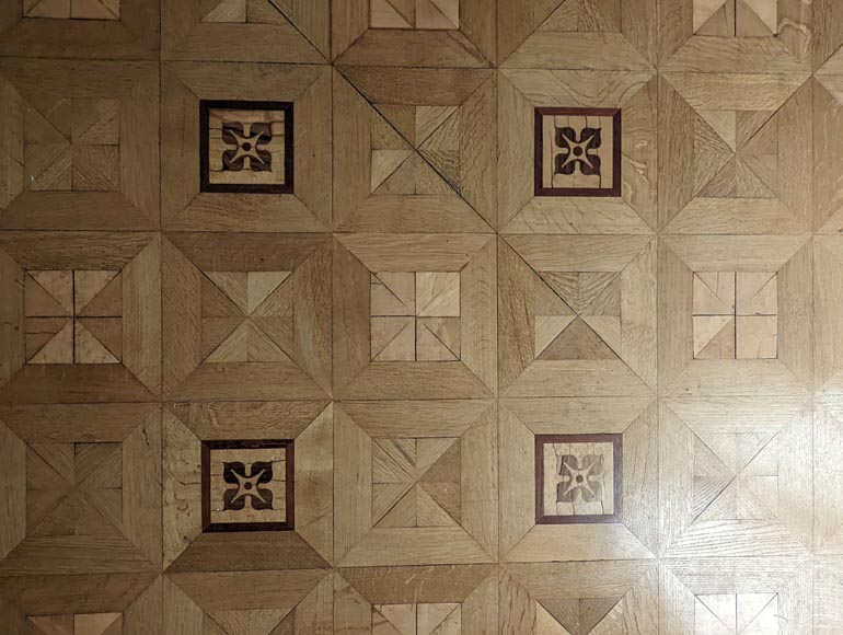 Parquet flooring with wood marquetery depicting diamond shapes and stylized flowers, late 19th century-7