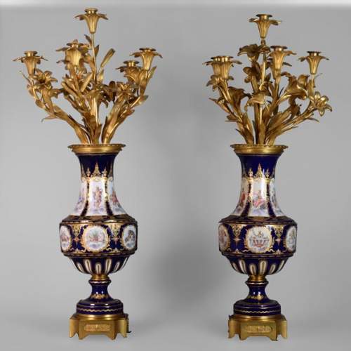 Pair of Girandoles in bronze and Sèvres porcelain