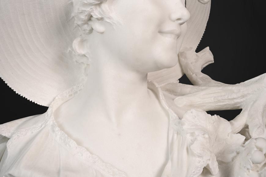 F. SAUL, Jeune fille au chapeau dans les vignes, carved bust in Carrara marble-6