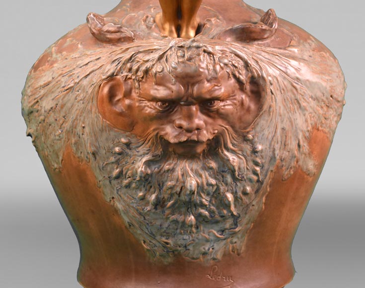 Auguste LEDRU (sculptor) and Émile COLIN (editor), Large Stoneware Vase with Masks and Gilt Bronze Female Figures, circa 1902-6