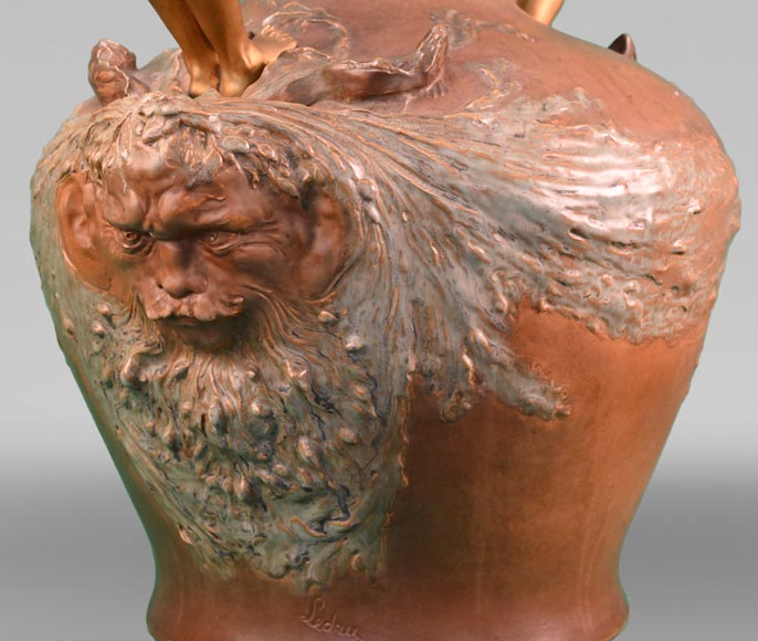 Auguste LEDRU (sculptor) and Émile COLIN (editor), Large Stoneware Vase with Masks and Gilt Bronze Female Figures, circa 1902-7