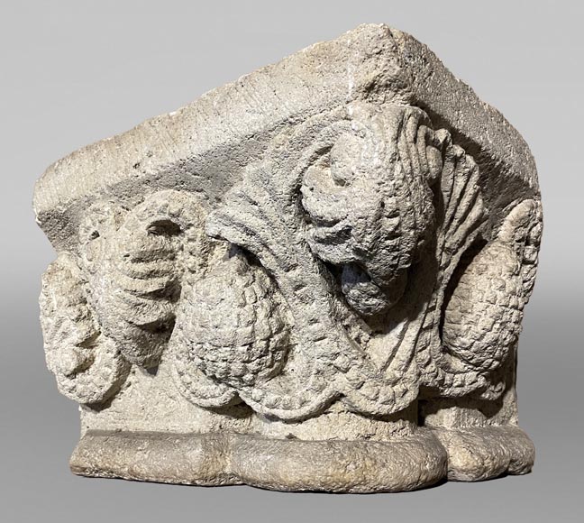 Medieval Stone Capital with Pinecone Decor, 12th Century-1