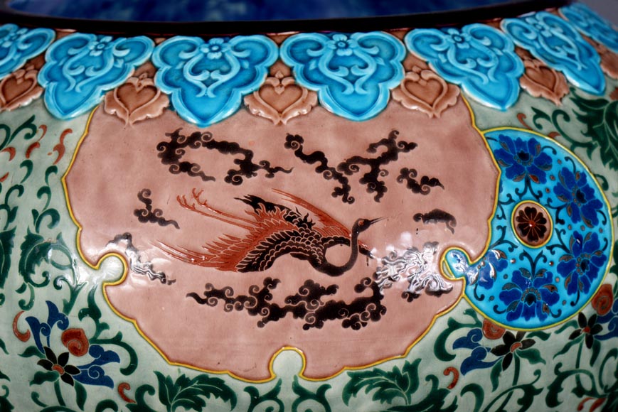 JULES VIEILLARD & COMPAGNIE, large Japanese-style cachepot in Bordeaux earthenware with polychrome enamel decoration JULES VIEILLARD & COMPAGNIE, large Japanese-style cachepot in Bordeaux earthenware with polychrome enamel decoration-1