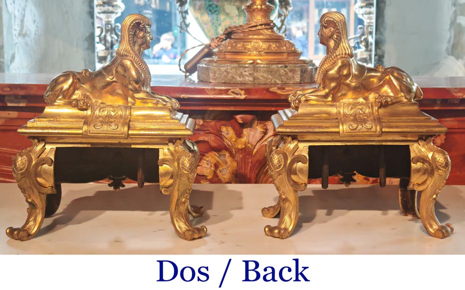 Pair of Napoleon III style gilt-bronze chenets featuring sphinxes-7