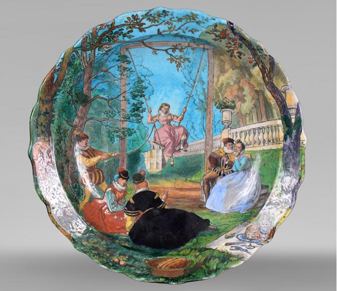 Théodore DECK (ceramist), Eugène GLUCK (painter), Ornamental dish decorated with a bucolic scene with an escarpolette-0