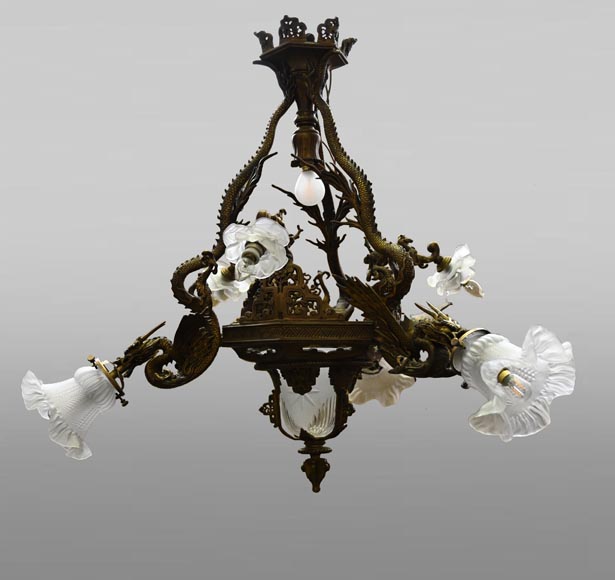 Maison Mottheau et Fils, Japonist gilt-bronze chandelier-0