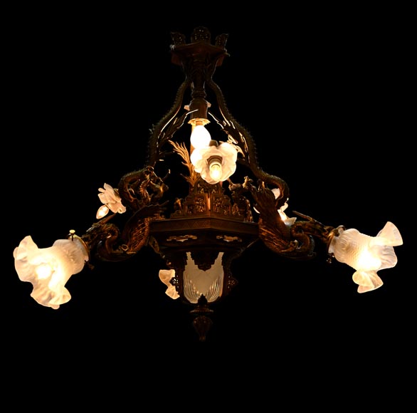 Maison Mottheau et Fils, Japonist gilt-bronze chandelier-2