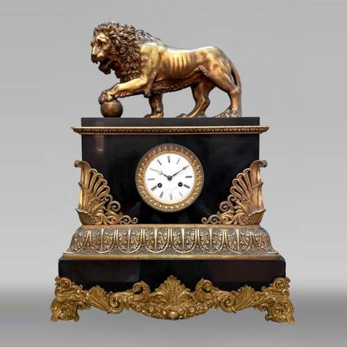 Empire Style Lion Mantel Clock in Black Marble and Ormolu