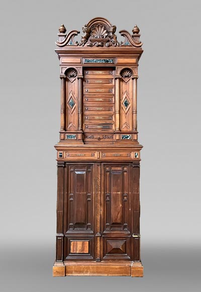 Neo-Renaissance ceremonial cabinet, Napoléon III period, carved walnut with sea-green marble inserts-0