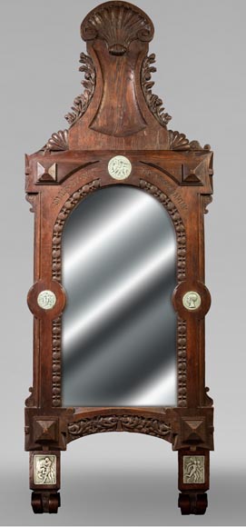 DECK Théodore, monumental oak mirror with green glazed faience medallions-0