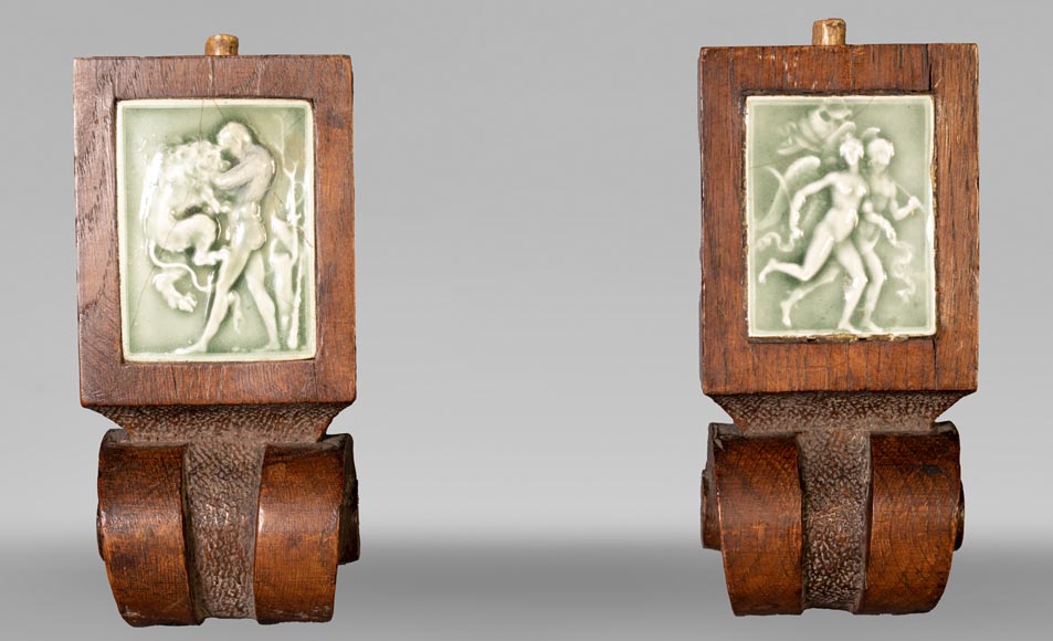 DECK Théodore, monumental oak mirror with green glazed faience medallions-1