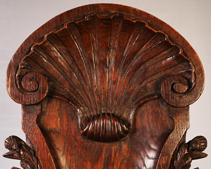 DECK Théodore, monumental oak mirror with green glazed faience medallions-3