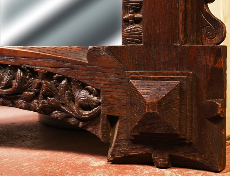 DECK Théodore, monumental oak mirror with green glazed faience medallions-5