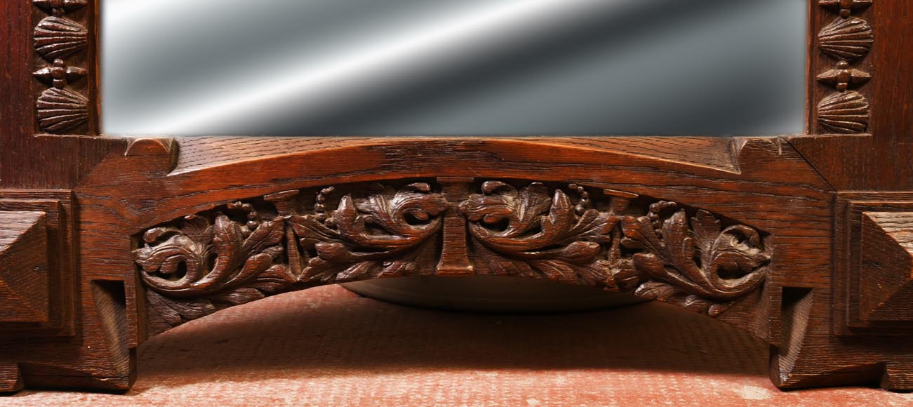 DECK Théodore, monumental oak mirror with green glazed faience medallions-6