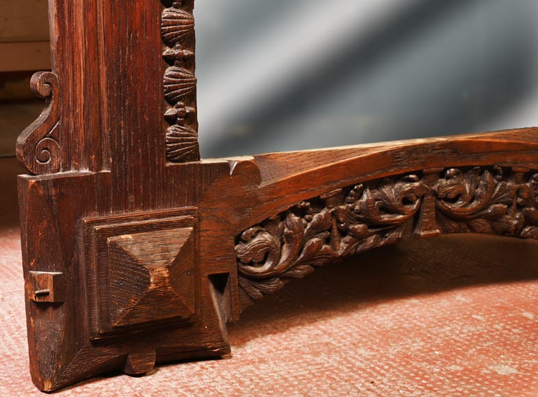 DECK Théodore, monumental oak mirror with green glazed faience medallions-7