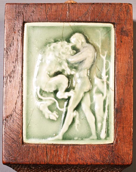 DECK Théodore, monumental oak mirror with green glazed faience medallions-14