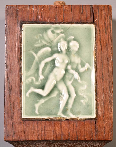 DECK Théodore, monumental oak mirror with green glazed faience medallions-15