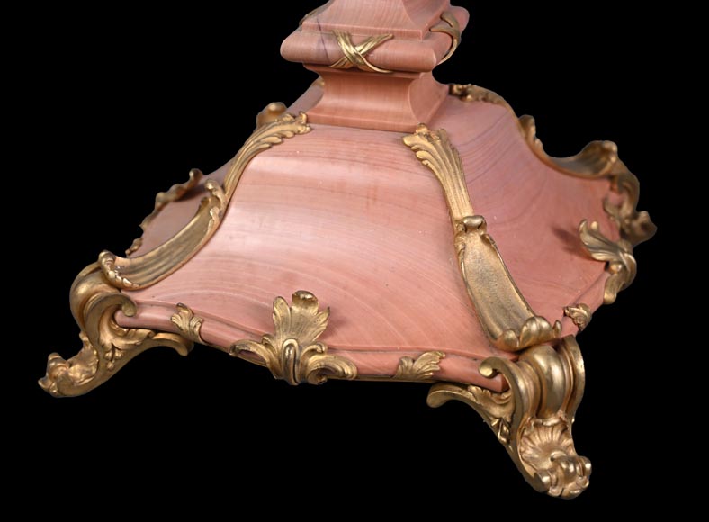 Fonderie Fumière & Co, Rococo pink marble lamp with gilded bronze masks, circa 1906-1926-9