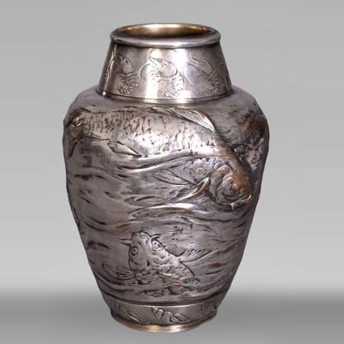 Ernest CARRIÈRE for CHRISTOFLE – Japonist Ovoid Vase “Seaweed and Fish” in Silvered Metal