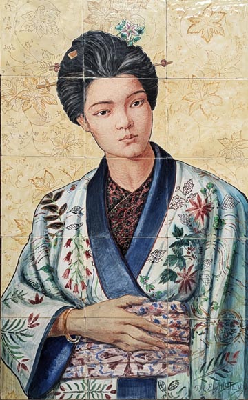 BOCH Brothers (ceramic), Th. FUMIETE (?), Portrait of a Japanese Lady in Earthenware, 1890-1