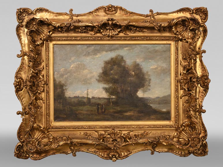 Landscape in the Style of Camille COROT with Rococo-Style Frame, 19th century-0