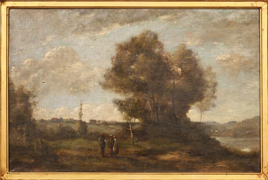 Landscape in the Style of Camille COROT with Rococo-Style Frame, 19th century-1