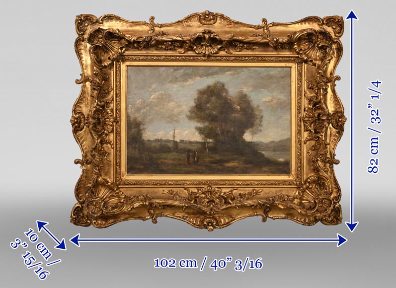 Landscape in the Style of Camille COROT with Rococo-Style Frame, 19th century-11