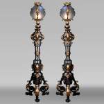 Maison Bernard, wrought iron craftsman, pair of richly decorated floor lamps, circa 1889