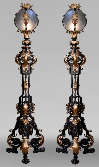 Maison Bernard, wrought iron craftsman, pair of richly decorated floor lamps, circa 1889-0