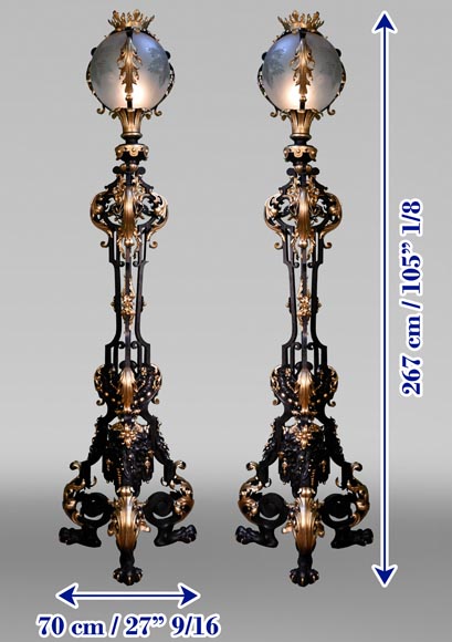 Maison Bernard, wrought iron craftsman, pair of richly decorated floor lamps, circa 1889-6