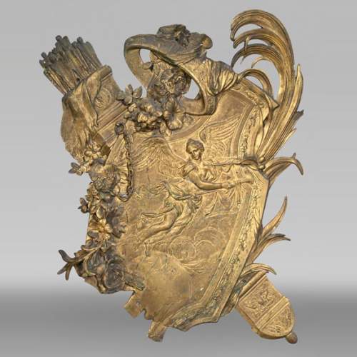 Union Centrale des Arts Décoratifs, decorative gilded bronze plaque in the form of a shield, featuring Winged Victory and trophies of arms