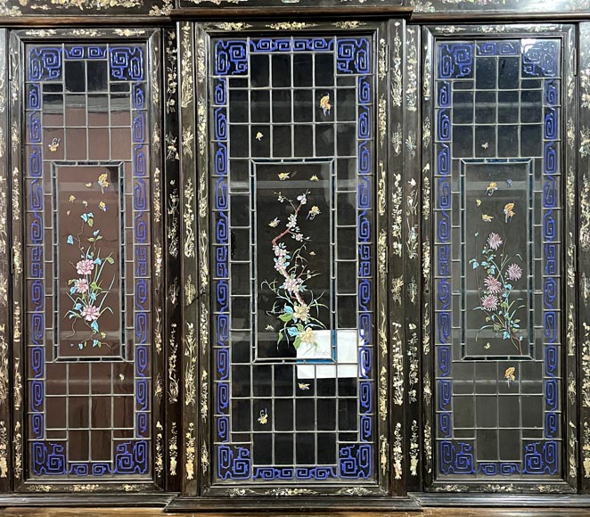 Edmond Chauffrey, Indo-Chinese cabinet with mother-of-pearl marquetry and relief enamelled stained glass-6