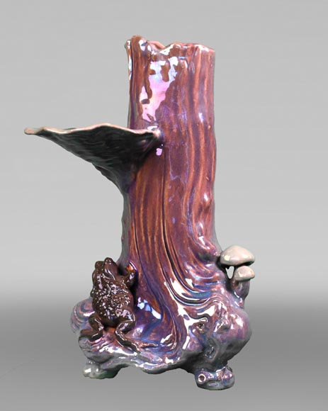 BOCH Frères, Art Nouveau Vase in Iridescent Faience Decorated with a Toad and Mushrooms, late 19th century-0