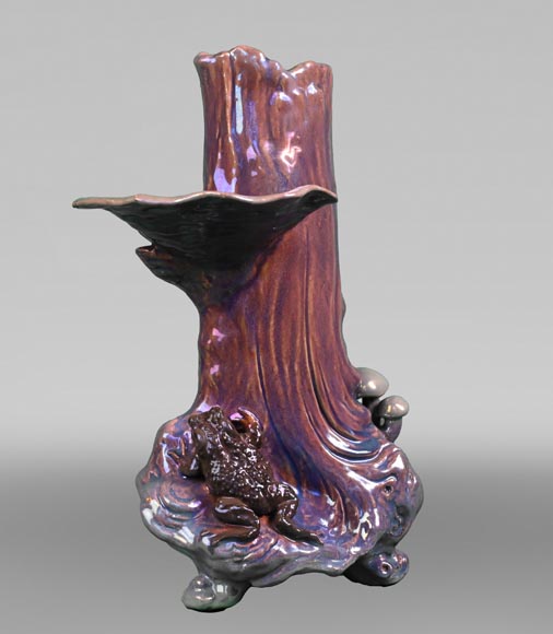 BOCH Frères, Art Nouveau Vase in Iridescent Faience Decorated with a Toad and Mushrooms, late 19th century-1