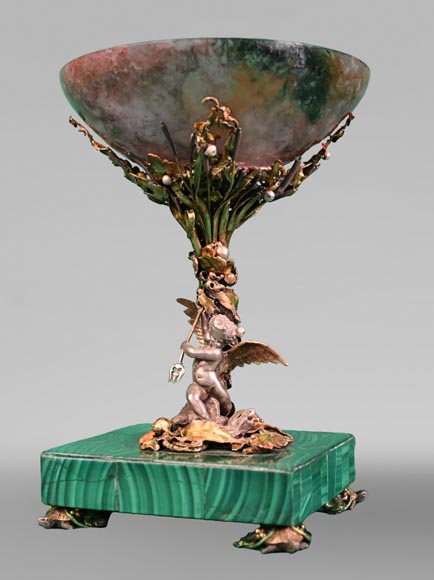 François-Désiré FROMENT-MEURICE, Silver, Agate and Malachite Tazza Decorated with a Rich Maritime Design, 1853-0